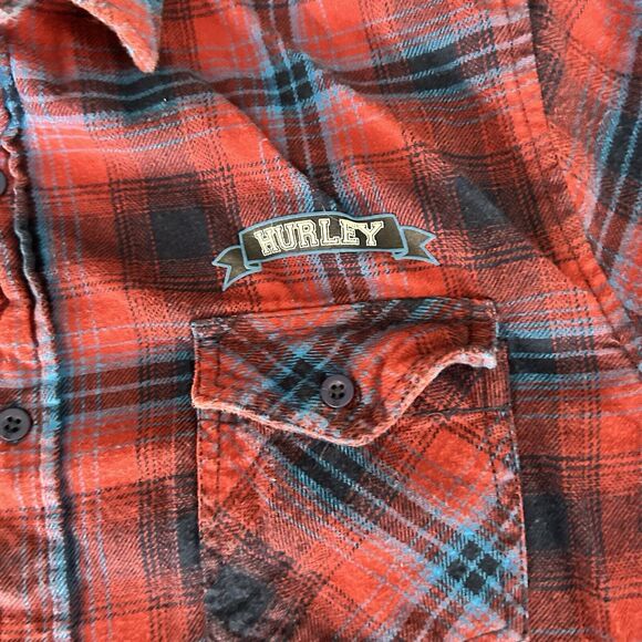 Hurley Shirt Mens Medium Red Blue Plaid Flannel Long Sleeve Button Up Surf Skate - Picture 5 of 8